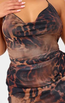 Plus Brown Printed Slinky Cowl Neck Mini Dress