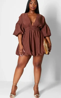 Plus Brown Puff Sleeve Puffball Hem Dress