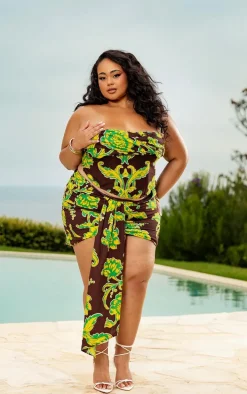 Plus Brown Ruched Front Mini Skirt