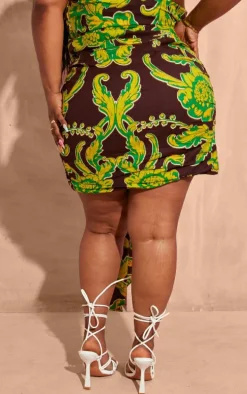 Plus Brown Ruched Front Mini Skirt