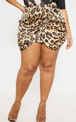 Plus Brown Satin Leopard Print Gathered Mini Skirt