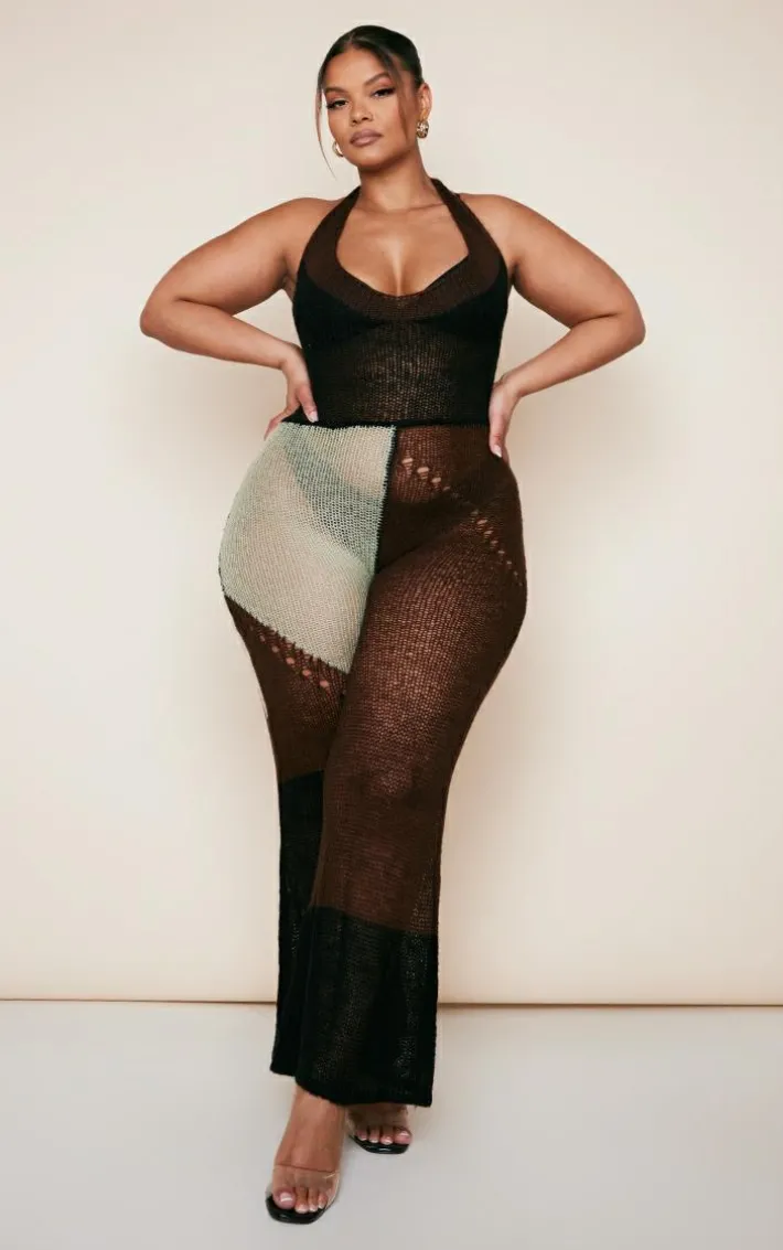 Plus Brown Sheer Knitted Halterneck Flare Leg Jumpsuit
