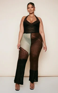 Plus Brown Sheer Knitted Halterneck Flare Leg Jumpsuit