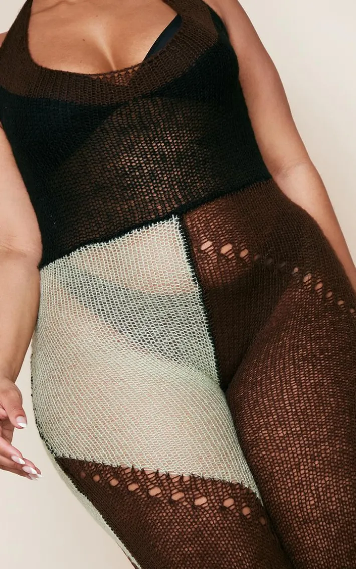 Plus Brown Sheer Knitted Halterneck Flare Leg Jumpsuit