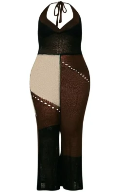 Plus Brown Sheer Knitted Halterneck Flare Leg Jumpsuit