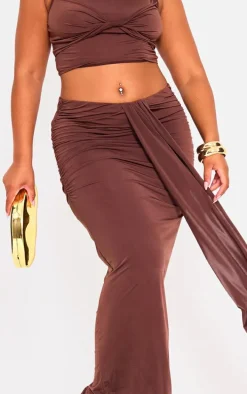 Plus Brown Slinky Drape Detail Maxi Skirt