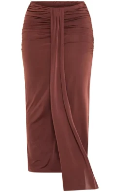 Plus Brown Slinky Drape Detail Maxi Skirt