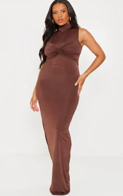 Plus Brown Slinky Knot Detail Ruched Maxi Dress