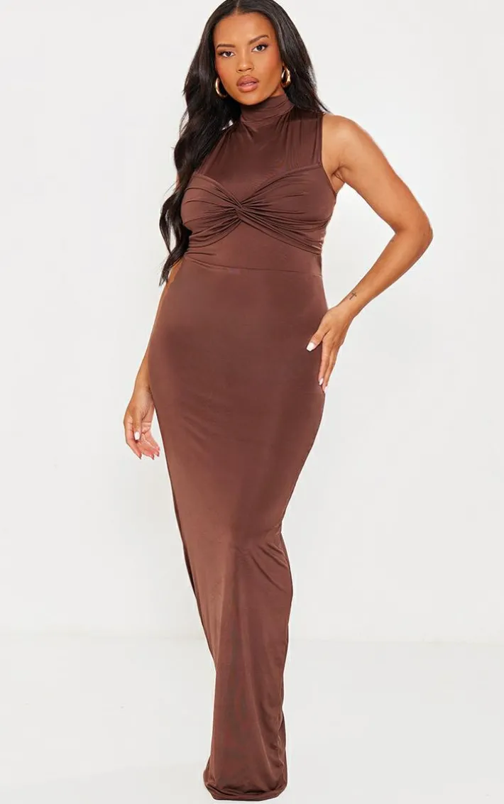 Plus Brown Slinky Knot Detail Ruched Maxi Dress