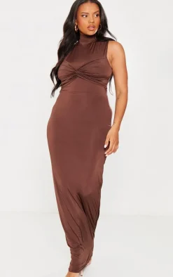 Plus Brown Slinky Knot Detail Ruched Maxi Dress