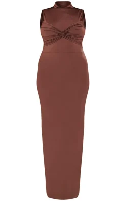 Plus Brown Slinky Knot Detail Ruched Maxi Dress