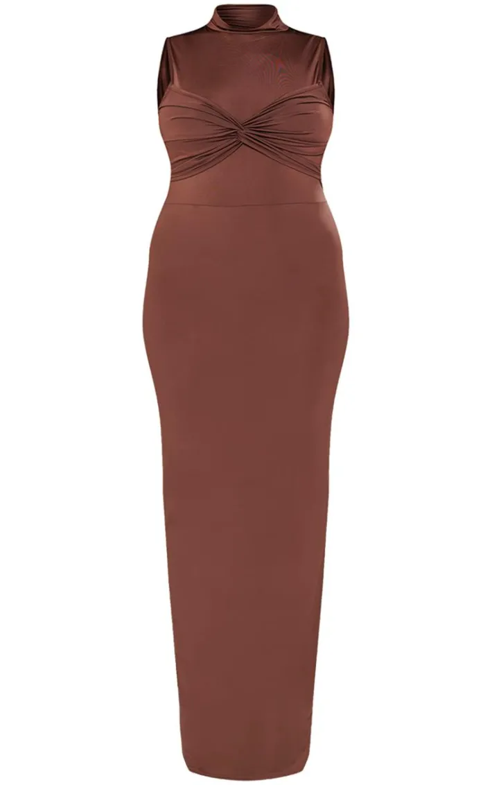 Plus Brown Slinky Knot Detail Ruched Maxi Dress