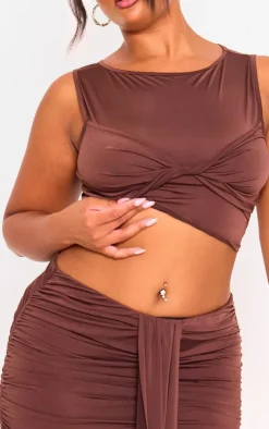 Plus Brown Slinky Sleeveless Crop Top