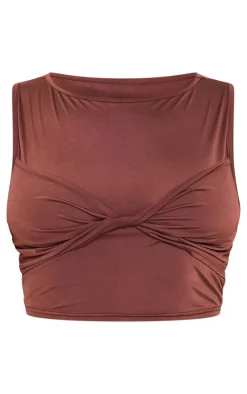 Plus Brown Slinky Sleeveless Crop Top
