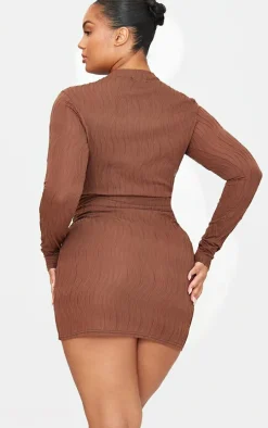Plus Brown Textured Long Sleeve Bust Seam Detail Mini Dress