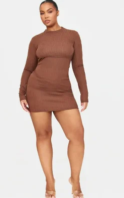 Plus Brown Textured Long Sleeve Bust Seam Detail Mini Dress