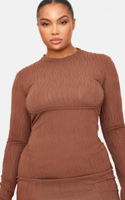 Plus Brown Textured Long Sleeve Bust Seam Detail Mini Dress