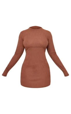 Plus Brown Textured Long Sleeve Bust Seam Detail Mini Dress