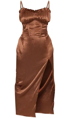 Plus Brown Textured Satin Side Split Midi Dress