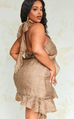 Plus Brown Textured Sheer Lace Up Shift Dress