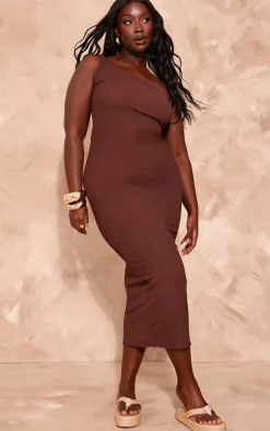 Plus Brown Textured Twist One Shoulder Maxi Dress