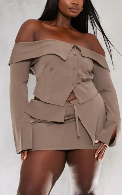 Plus Brown Textured Woven Fold Over Detail Long Sleeve Top