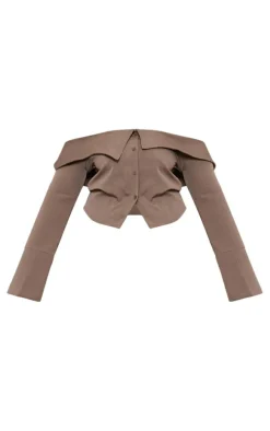 Plus Brown Textured Woven Fold Over Detail Long Sleeve Top