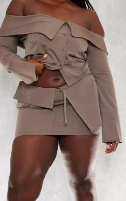 Plus Brown Textured Woven Fold Over Waist Micro Mini Skirt