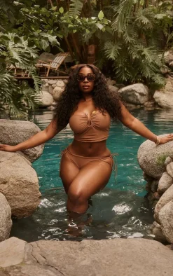 Plus Brown Trim Detail Bandeau Tankini Top