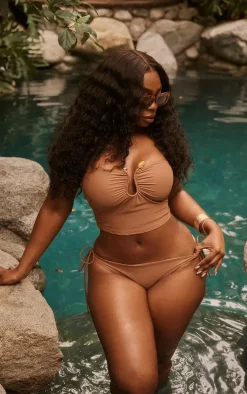 Plus Brown Trim Detail Bandeau Tankini Top