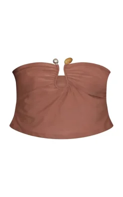 Plus Brown Trim Detail Bandeau Tankini Top