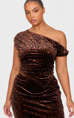 Plus Brown Velvet Animal Print Cowl Neck Top