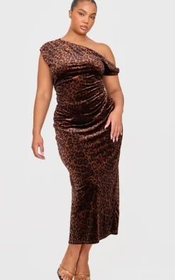 Plus Brown Velvet Animal Print Cowl Neck Top