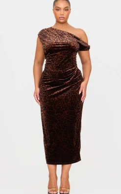 Plus Brown Velvet Animal Print Midi Skirt