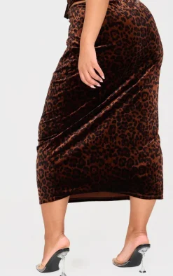 Plus Brown Velvet Animal Print Midi Skirt