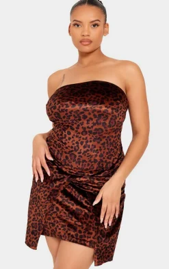 Plus Brown Velvet Leopard Knot Detail Bandeau Mini Dress