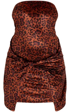 Plus Brown Velvet Leopard Knot Detail Bandeau Mini Dress