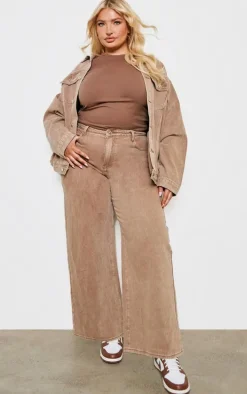 Plus Brown Washed Boyfriend Low Rise Jeans