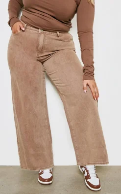 Plus Brown Washed Boyfriend Low Rise Jeans