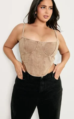 Plus Brown Washed Denim Dipped Hem Corset Top