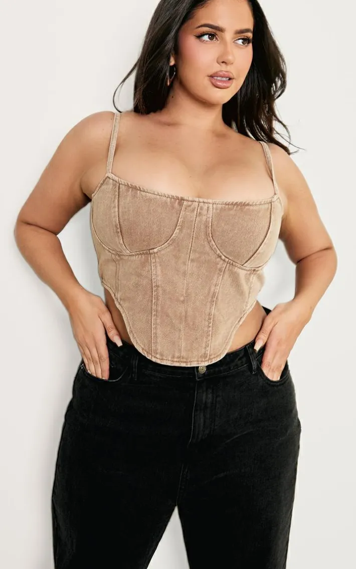 Plus Brown Washed Denim Dipped Hem Corset Top