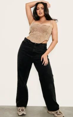 Plus Brown Washed Denim Dipped Hem Corset Top