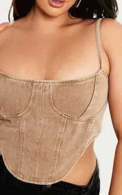 Plus Brown Washed Denim Dipped Hem Corset Top