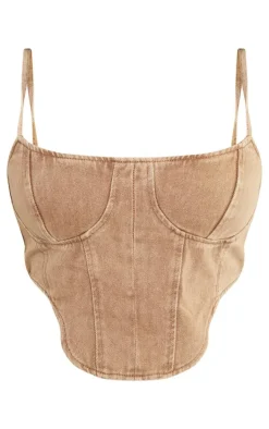 Plus Brown Washed Denim Dipped Hem Corset Top