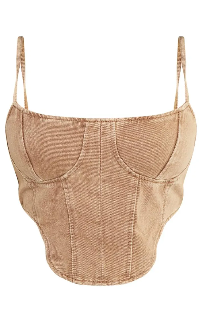 Plus Brown Washed Denim Dipped Hem Corset Top