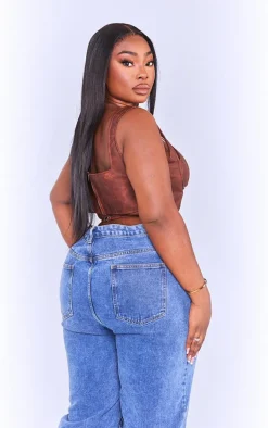 Plus Brown Washed Faux Leather Cross Halterneck Dip Hem Corset