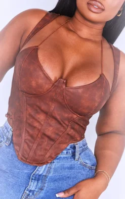 Plus Brown Washed Faux Leather Cross Halterneck Dip Hem Corset
