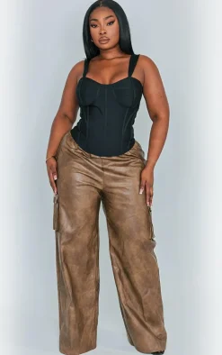 Plus Brown Washed Faux Leather Wide Leg High Waisted Cargo Pants