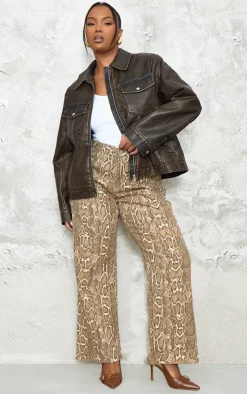 Plus Brown Washed Faux Leather Pocket Detail Bomber Jacket