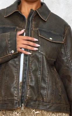 Plus Brown Washed Faux Leather Pocket Detail Bomber Jacket